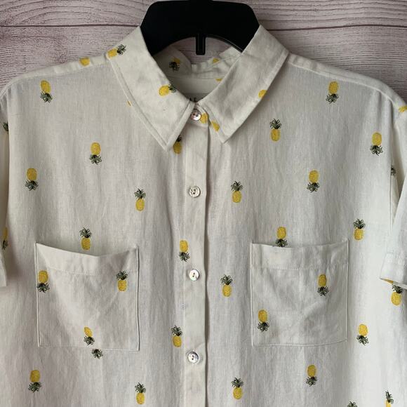 Rae Dunn Women's Linen Pineapple Print Button Up Shirt Short Sleeve Collar Large - Picture 3 of 16